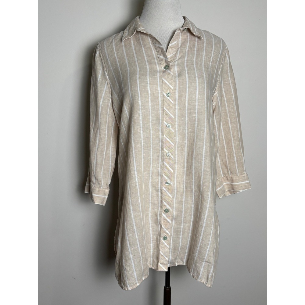 Chico's Linen Striped Tunic Shirt Small 3/4 Sleeve Natural Coastal‎ Quiet Luxury
